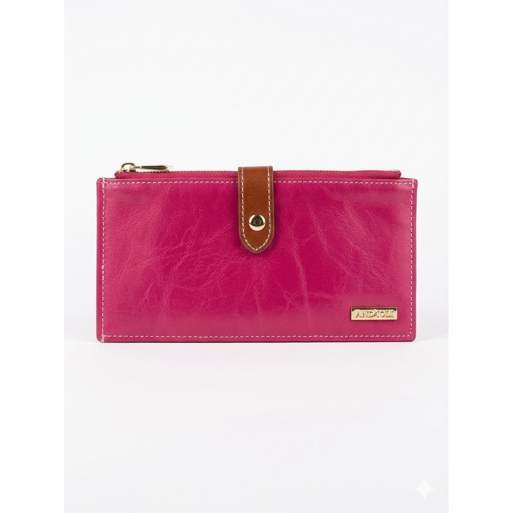 Andioli Bifold Wallet Womens OS Pink NWOT Leather Slim Dual Zip Card Holder